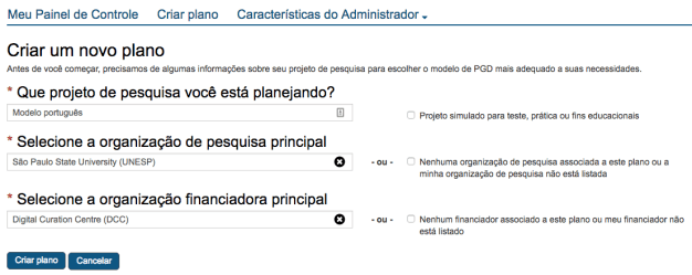Brazilian Portuguese create plan options