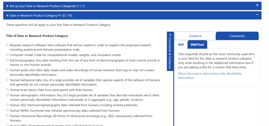 Screenshot of the DMP Tool showing the same Title question as previously, except now instead of a text field it is showing a long list of radio buttons to select data types, such as "computer model" and "human EEG."  