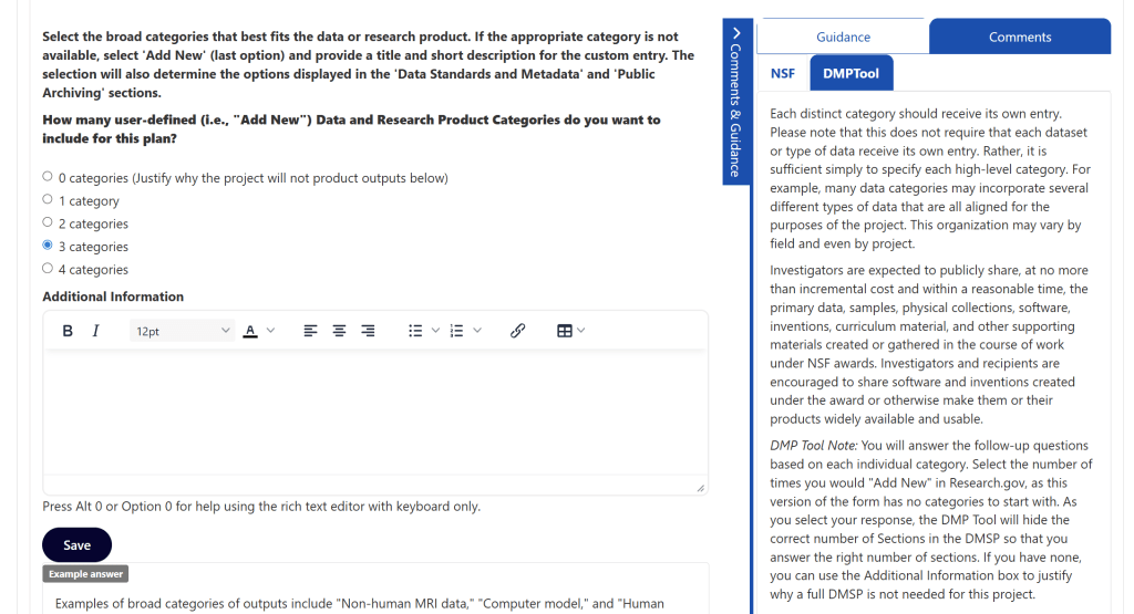 Screenshot of the DMP Tool, showing a radio button question asking how many Data and Research Product Categories the user wants to add, with options from 0 to 4 categories.  There is a text box below labeled "Additional Information," and a sidebar to the right listing Guidance from NSF with multiple paragraphs about data categories.