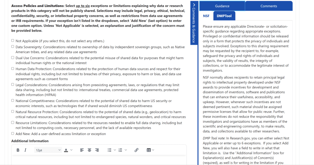 Screenshot of the DMP Tool, showing a list of checkbox style questions where users can select any number of Access Policies and Limitations for data sharing, including options like "Human Data Protection" and "Resource Limitations" with definitions.  There is an Additional Information text box below the question, and a sidebar with NSF guidance to the right.