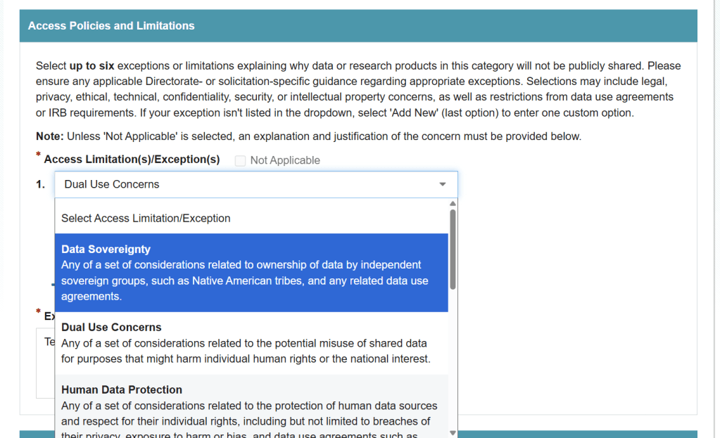 Screenshot of the same Access Policies and Limitations question from the NSF webform, showing a dropdown box with three options visible on screen, and more available with scrolling.  