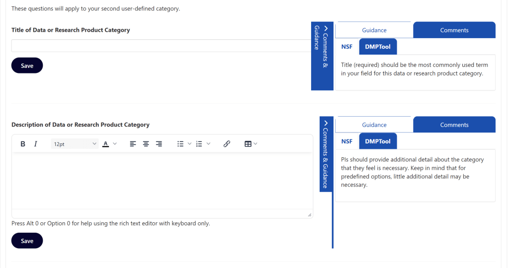 Screenshot of the DMP Tool, showing a text field question of "Title of Data of Research Product Category" and a text box question with "Description of Data or Research Product Category."  The right sidebar has guidance from NSF on what to answer for these questions.