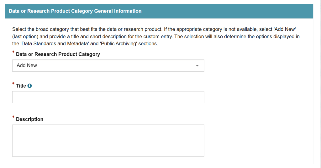 Screenshot of similar questions from the NSF webform, showing a selection of "Add New" as the category, then a text field question of "Title" and a text box question with "Description."  